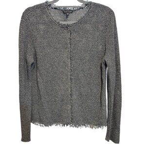 Eileen Fisher Linen Cotton Knit Snap Front Long Sleeve Fringe Cardigan Gray